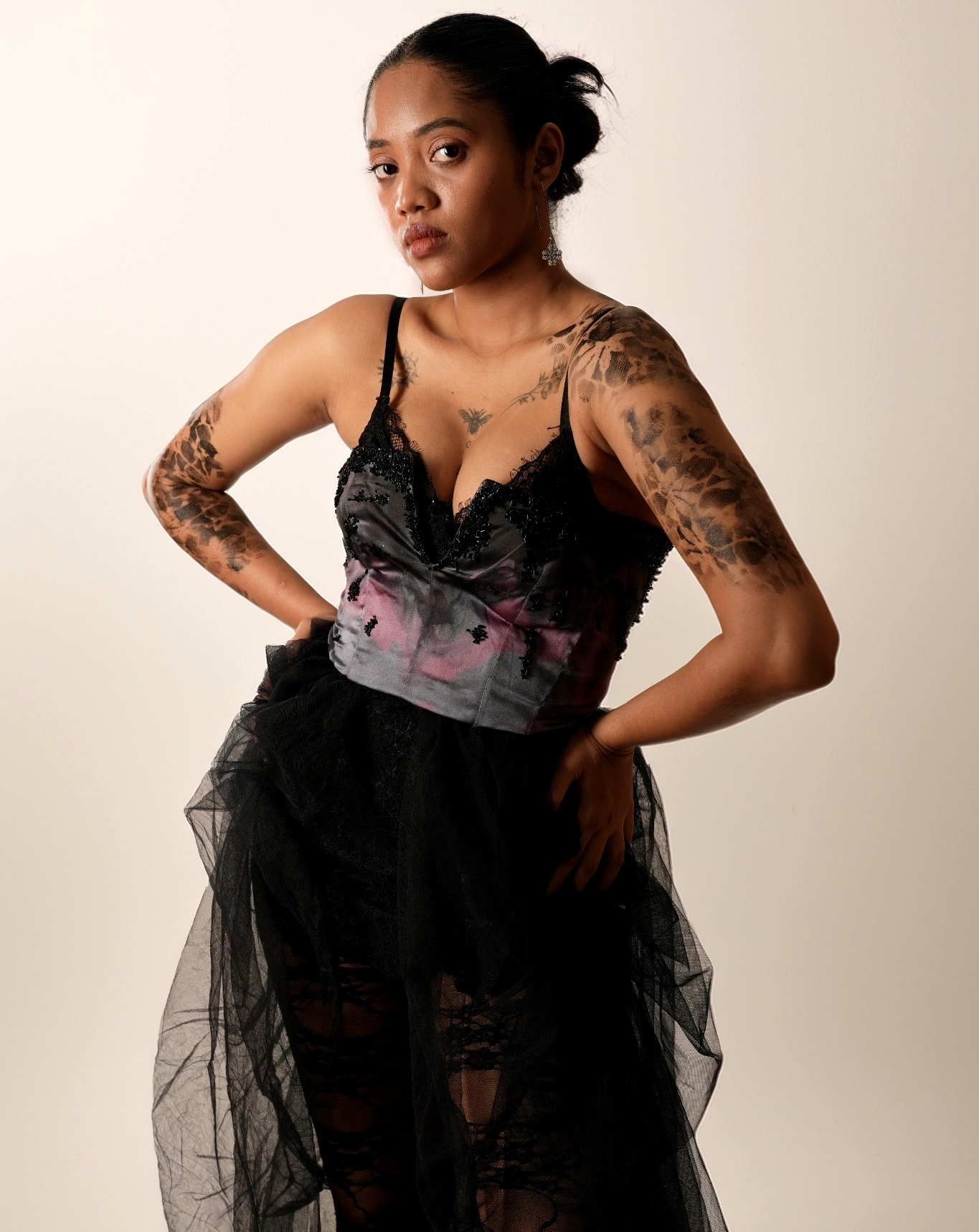 Close portrait in the layered black tulle look