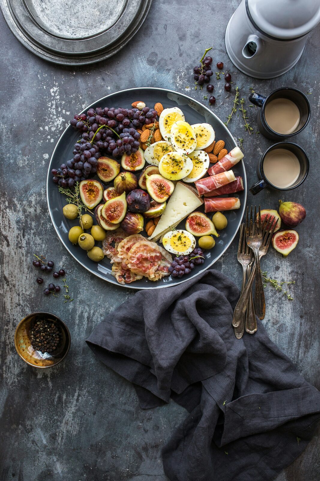 Breakfast spread photographed from above